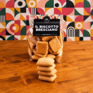 Biscotti bresciani Èl Forner su sfondo geometrico retrò